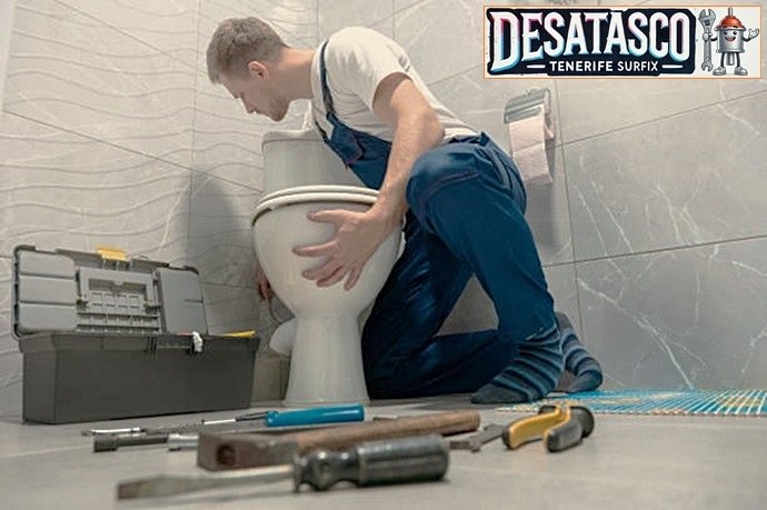 Técnico de Desatasco Tenerife SurFix ejecutando una reparación precisa de estanqueidad en un inodoro para impedir la emanación de gases residuales en forma de malos olores.