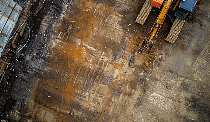 Maquinaria pesada realizando movimiento de tierras y extracción masiva en terreno industrial.