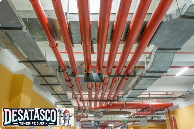 Red industrial de contra incendios instalada en el techo de un garaje comunitario con tuberías pintadas en señalética de seguridad hídrica.