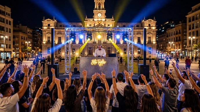 Discotecas Móviles Innovagroup operando discomóvil con cabina iluminada puente truss y sonido para fiesta pública en Salou