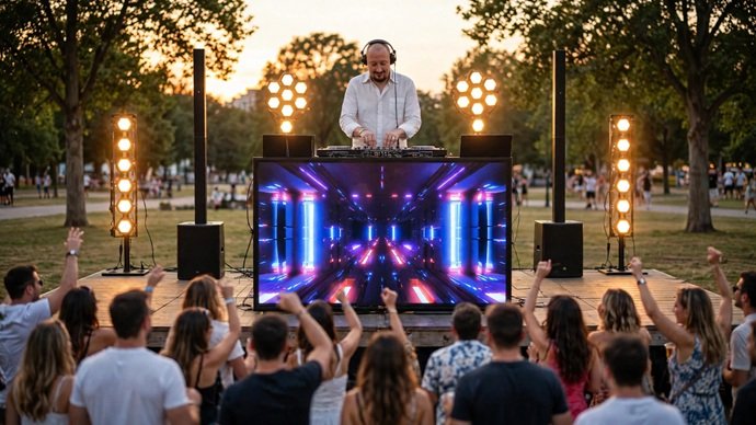 Discotecas Móviles Innovagroup realizando montaje de discomóvil exterior con pantalla LED gigante y focos retro en evento al aire libre