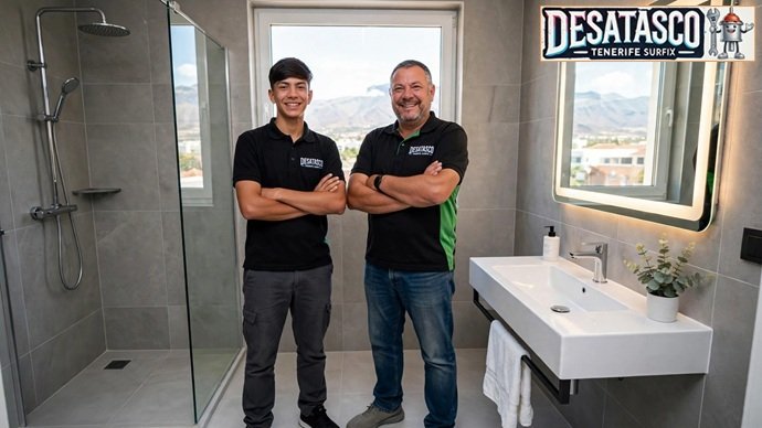 Alexandro Ignacio y su hijo de Desatasco Tenerife SurFix en un baño vacacional completamente rehabilitado con acabados modernos en el sur de Tenerife.