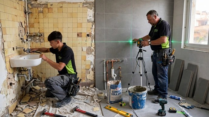 Técnico de Desatasco Tenerife SurFix aplicando agua a alta presión con manguera rotativa en el sumidero de una cocina industrial.
