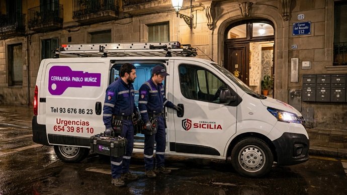 Unidad móvil de Cerrajería Pablo Muñóz asistiendo un aviso urgente nocturno en una calle de Barcelona con dos técnicos equipados.