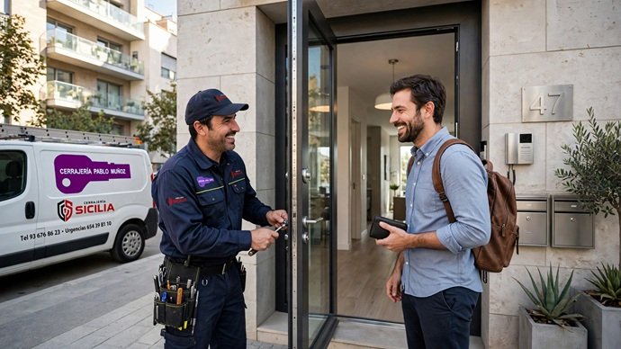 Técnico cerrajero de Pablo Muñóz ajustando con herramienta de mano una cerradura moderna ante la presencia de un cliente satisfecho.